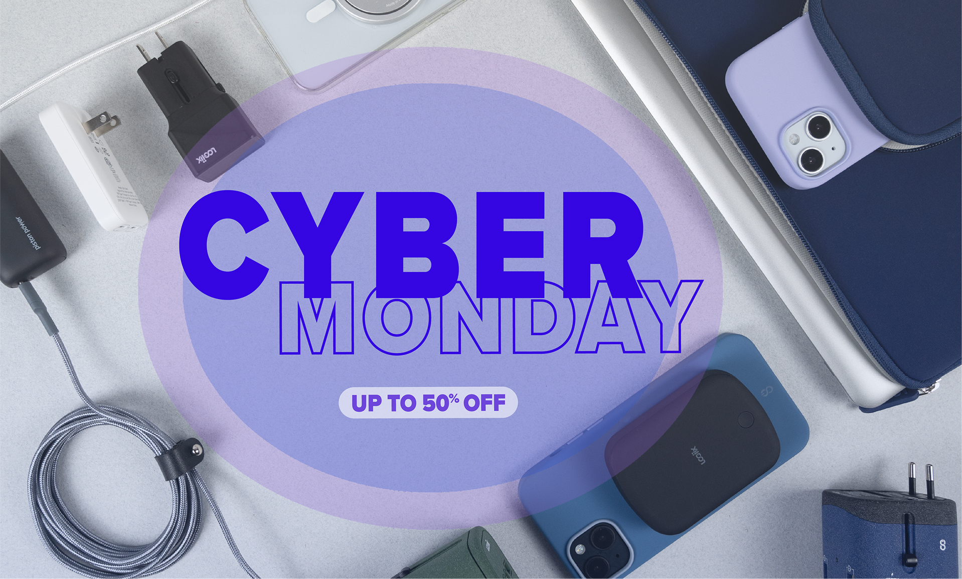 Cyber Monday campaign flat lay featuring LOGiiX accessories.