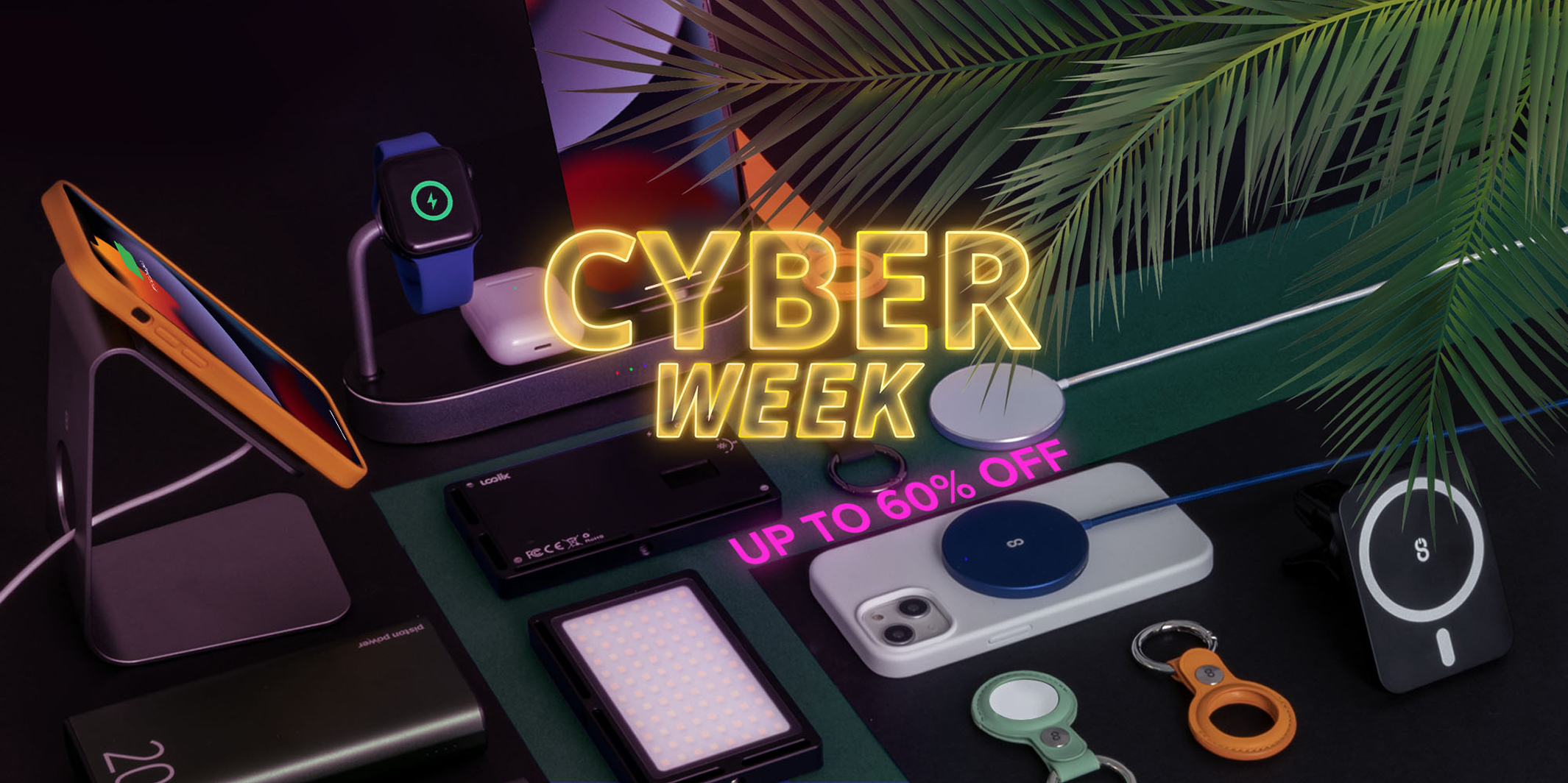 Cyber Week campaign flat lay featuring LOGiiX accessories.